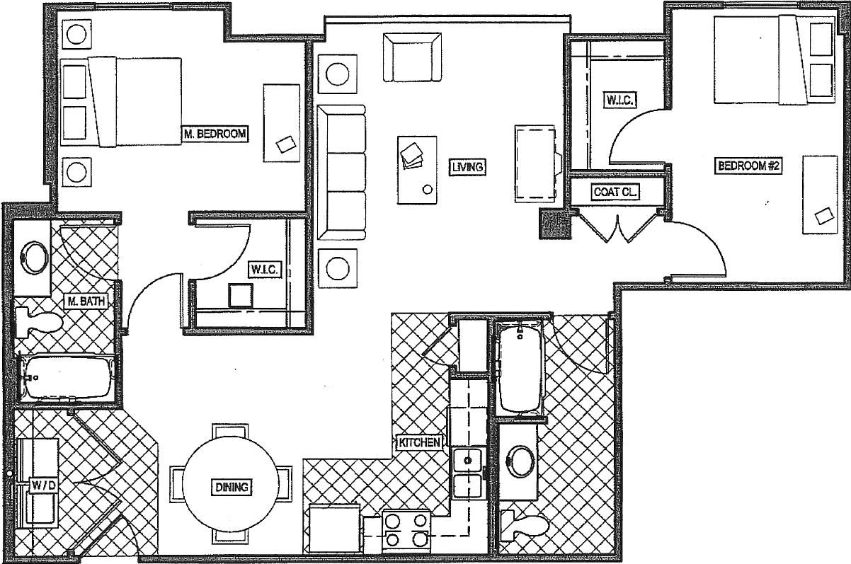 Floor plan for 2 beds, 2 baths, 998 sqft